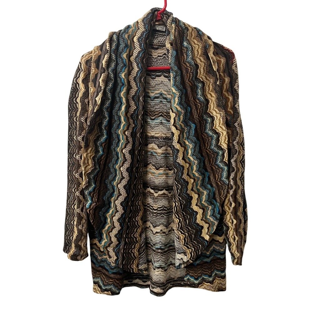 Alberto Makali Cardigan Women L Brown Blue Zig Zag Knit Drape Front Open Sweater